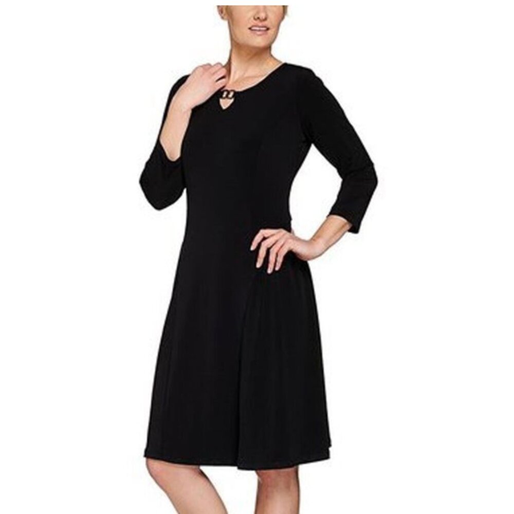 Susan Graver Solid 3/4 Sleeve Liquid Knit Knee Length Midi Enamel Accent Dress